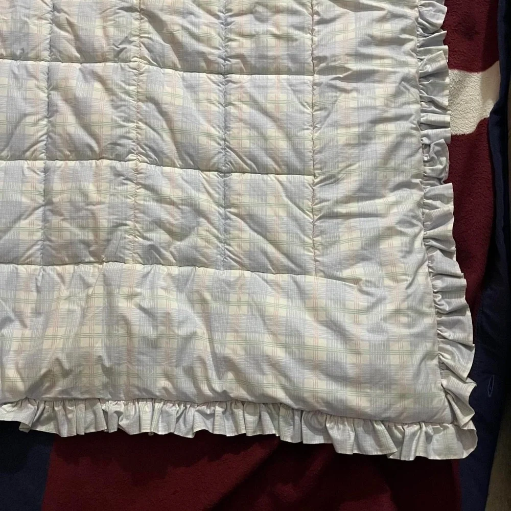 Laura Ashley Mother & Child Baby Nursery Blanket blue plaid quilted ruffle trim